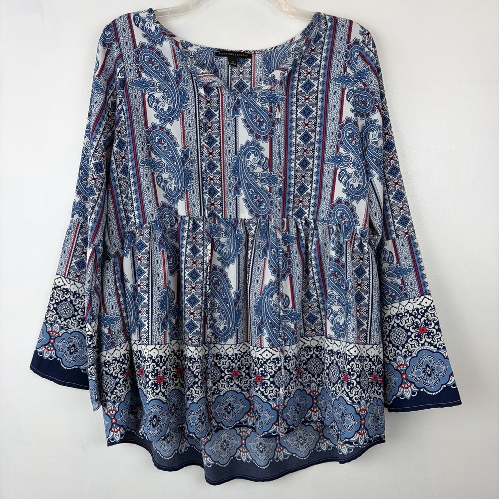 Signature Studio Peplum Womens Medium Blue Print Blouse Boho Babydoll Festival